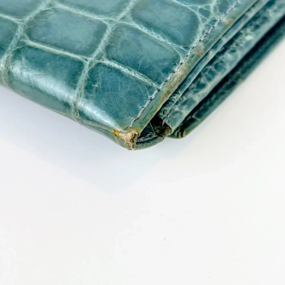 Lambertson Truex Crocodile Leather Exotic Turquoise Blue Foldover Wallet Design